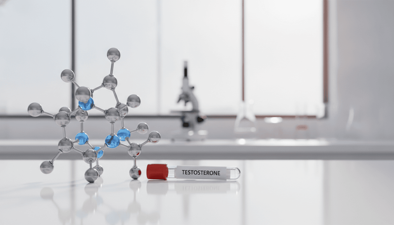 Close-up of a molecular structure model next to a blood draw tube labeled testosterone, on a clinical lab bench
