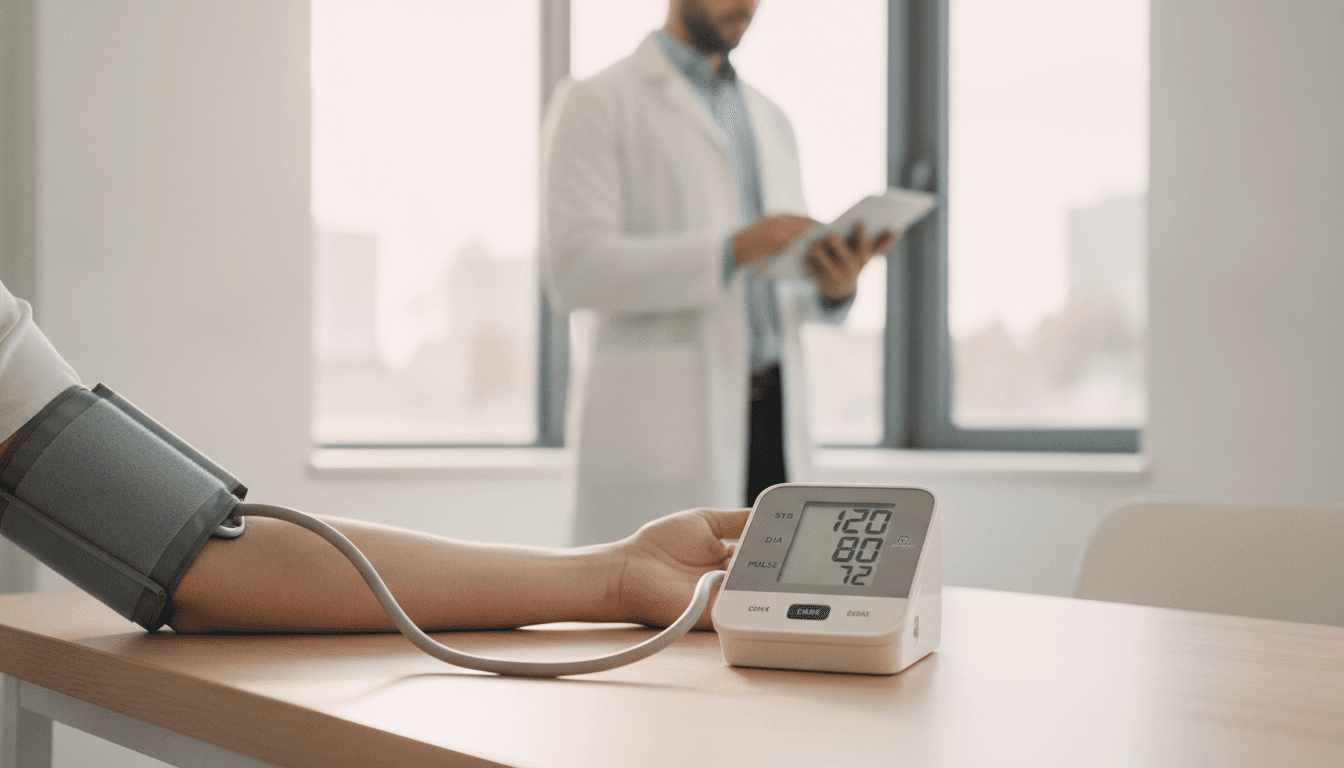 Close-up of a digital blood pressure cuff on a patient's arm displaying a reading, with a clinician reviewing a chart in the background