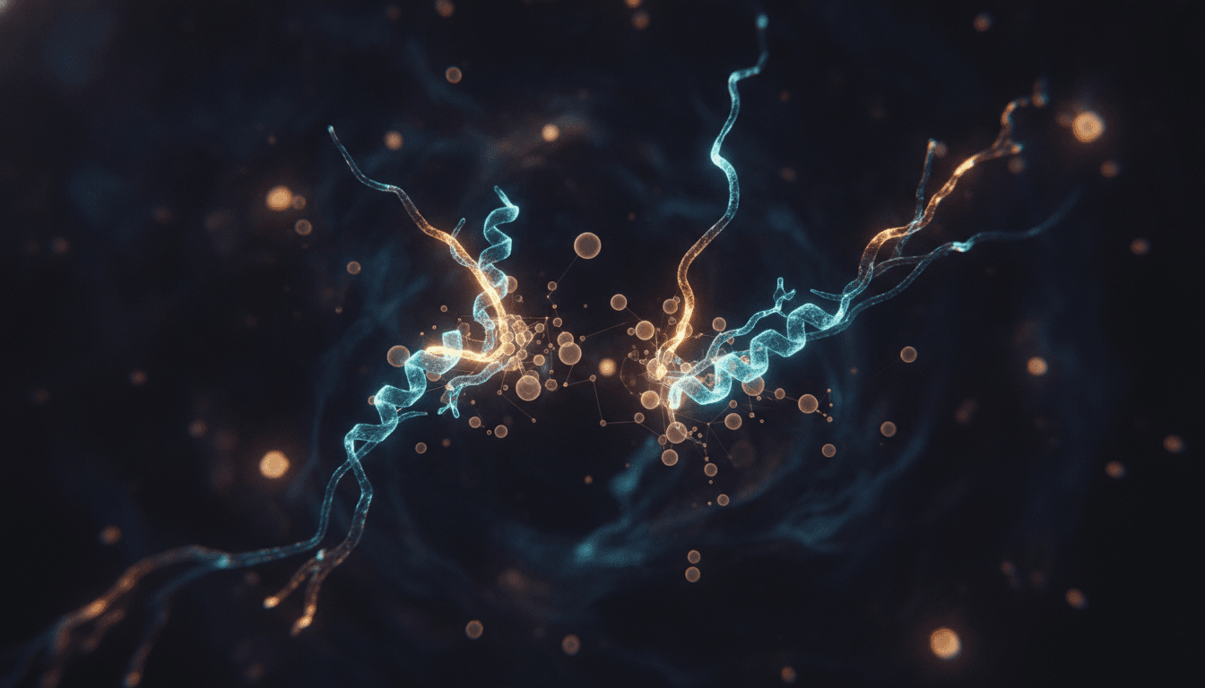 Microscopic illustration of adipose tissue signaling pathways with protein structures highlighted in blue and gold against a dark background