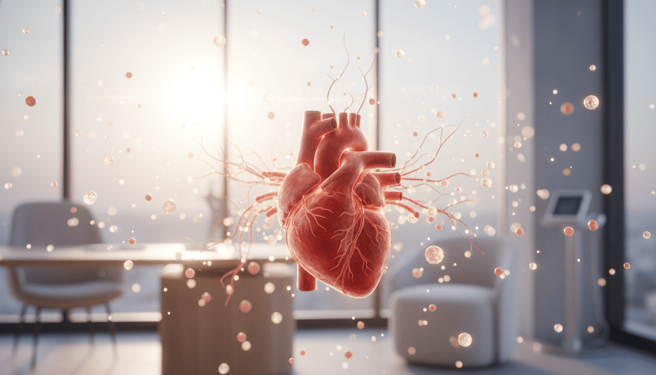 Close-up illustration of an inflamed heart surrounded by systemic inflammation markers, representing multisystemic inflammatory syndrome in a clinical setting