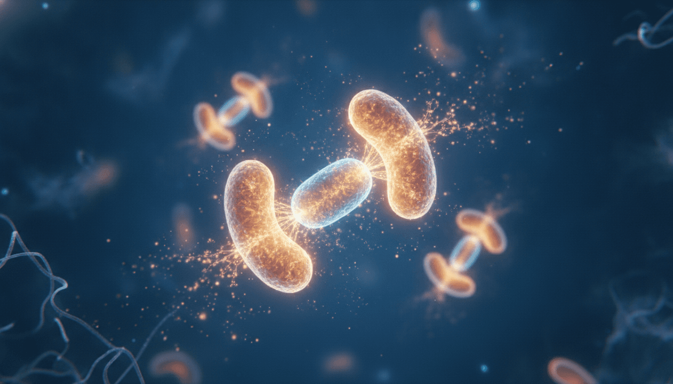 Close-up illustration of mitochondria inside a human cell, glowing with energy transfer activity, on a dark blue background