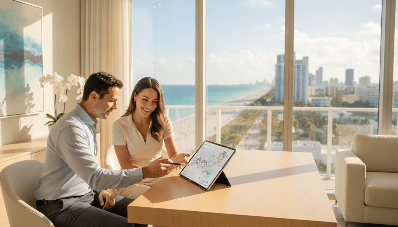 A clinician reviewing a cost-effectiveness chart alongside a patient discussing weight loss medication options at a concierge medicine practice in Miami Beach