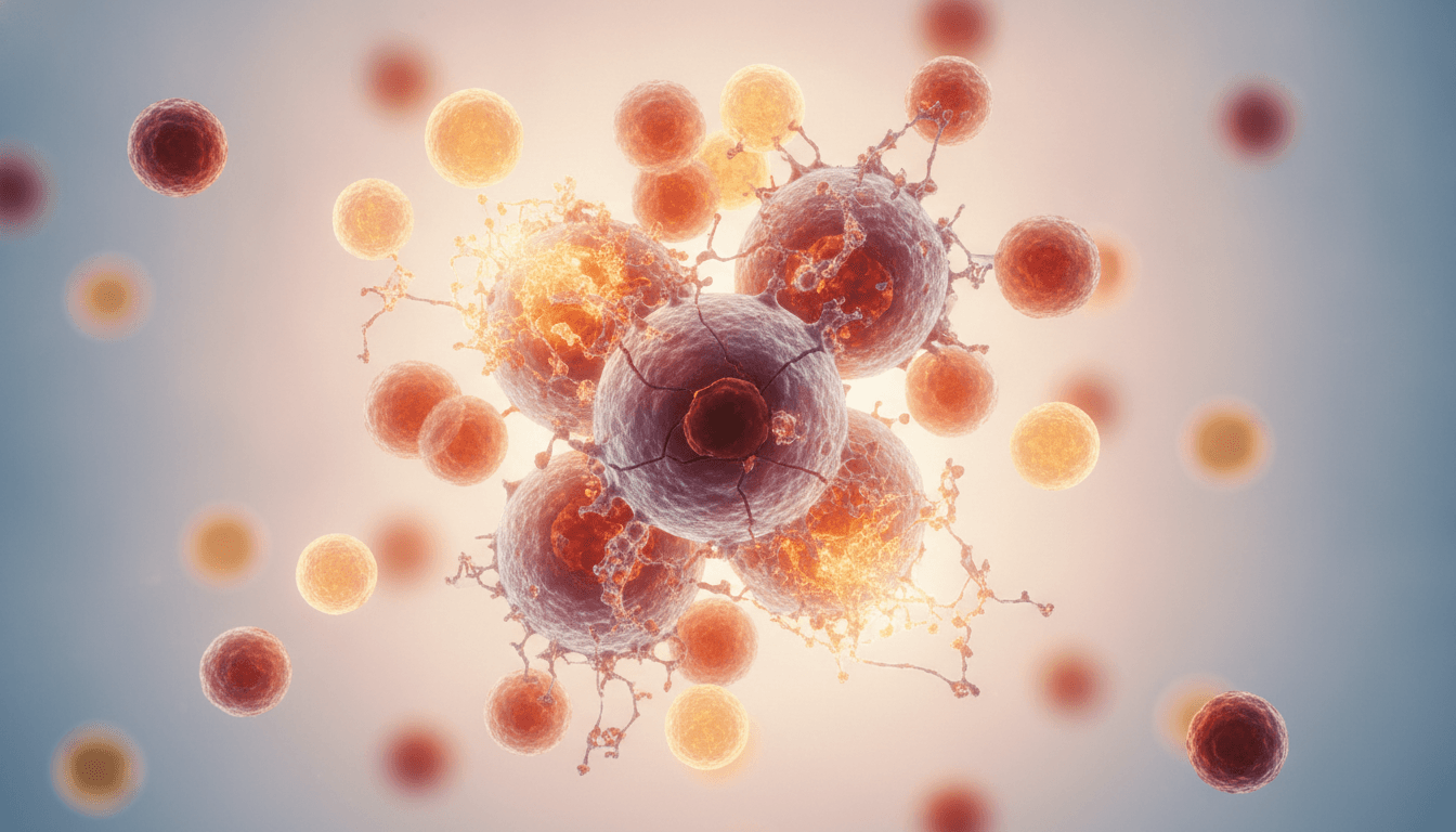 Microscopic view of cancer cells undergoing lipid peroxidation-driven ferroptotic cell death, with a warm clinical overlay
