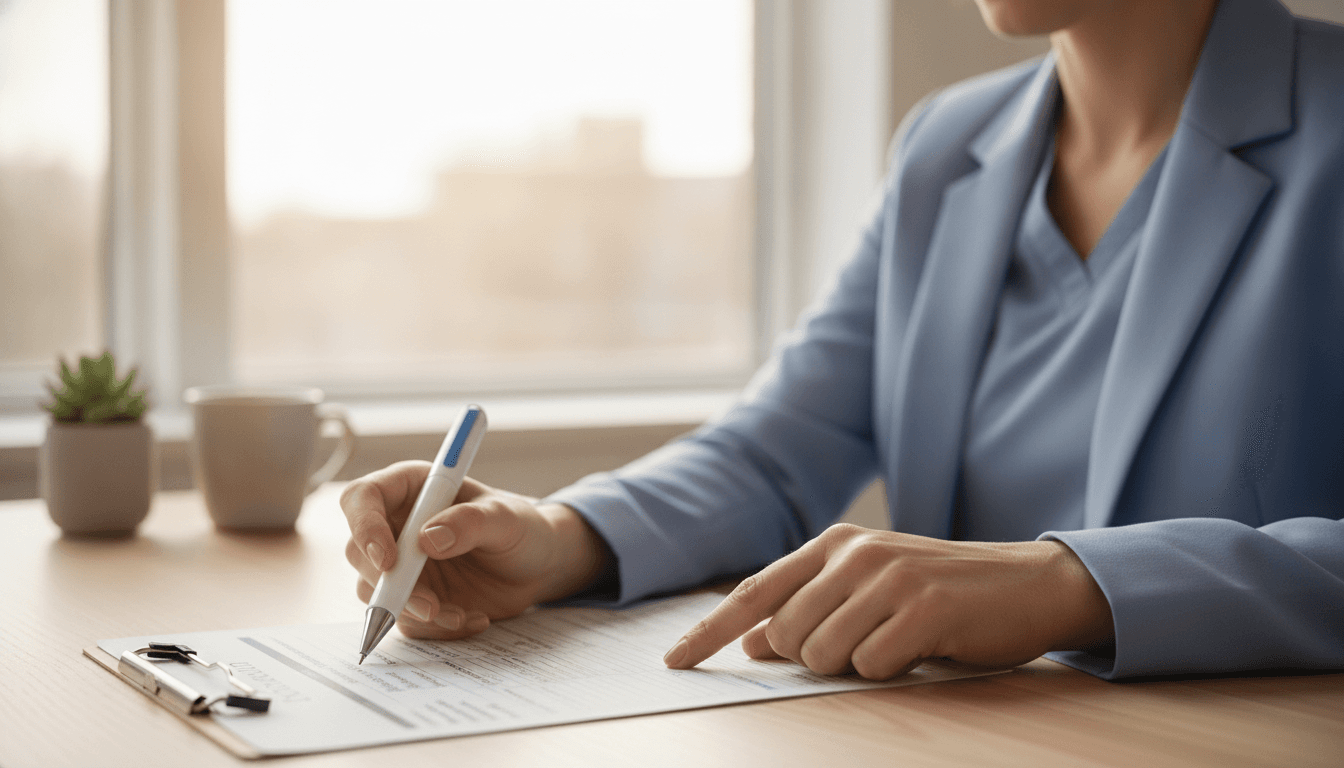 Close-up of a clinician reviewing a neuropsychiatric assessment form alongside a GLP-1 medication pen on a clinical desk