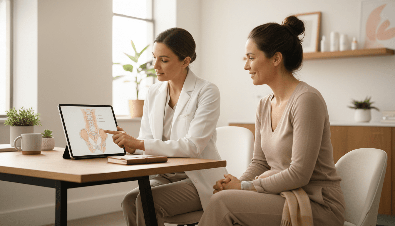 Close-up of a clinician reviewing pelvic floor anatomy diagrams with a female patient in a modern concierge medicine office