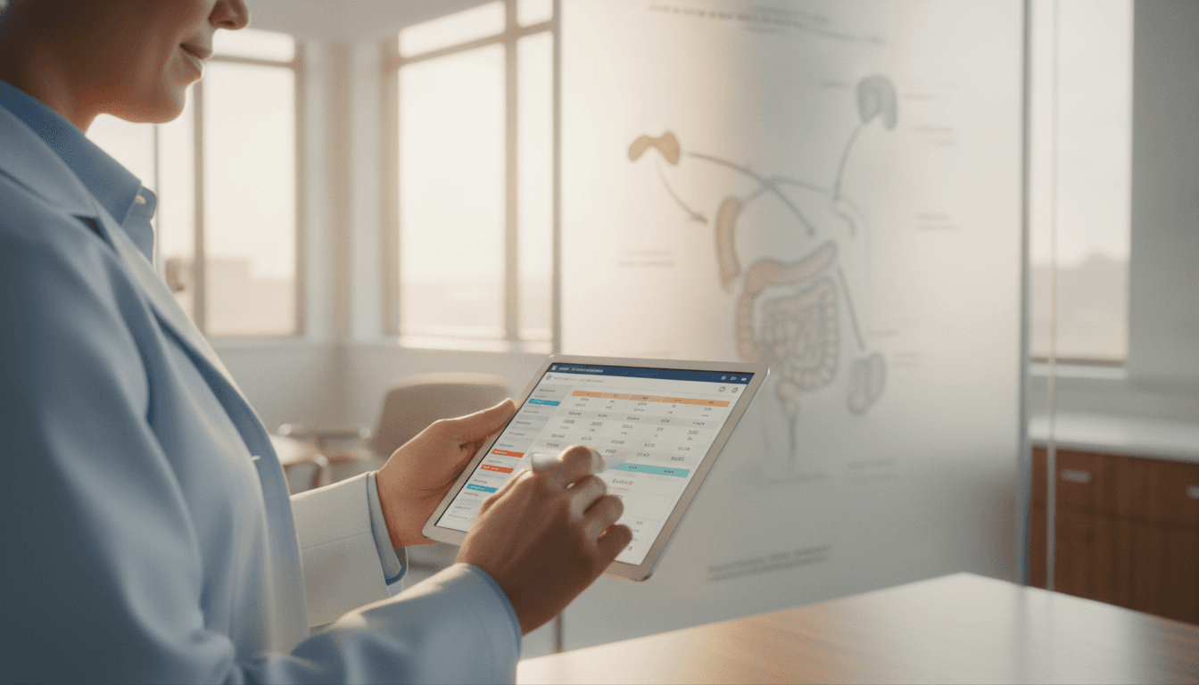 Close-up of a clinician reviewing hormone lab results on a tablet, with a diagram of the hypothalamic-pituitary-gonadal axis visible in the background