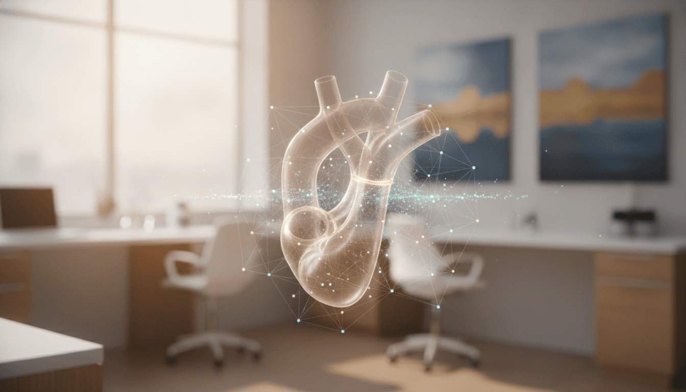 Close-up illustration of the aorta with a narrowing at the isthmus, overlaid with a soft data-visualization grid representing predictive modeling outputs
