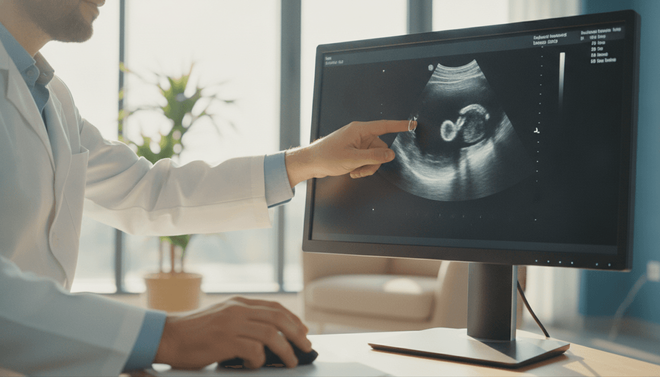 Ultrasound image of a small testicular mass on a clinical monitor, with a clinician reviewing the scan