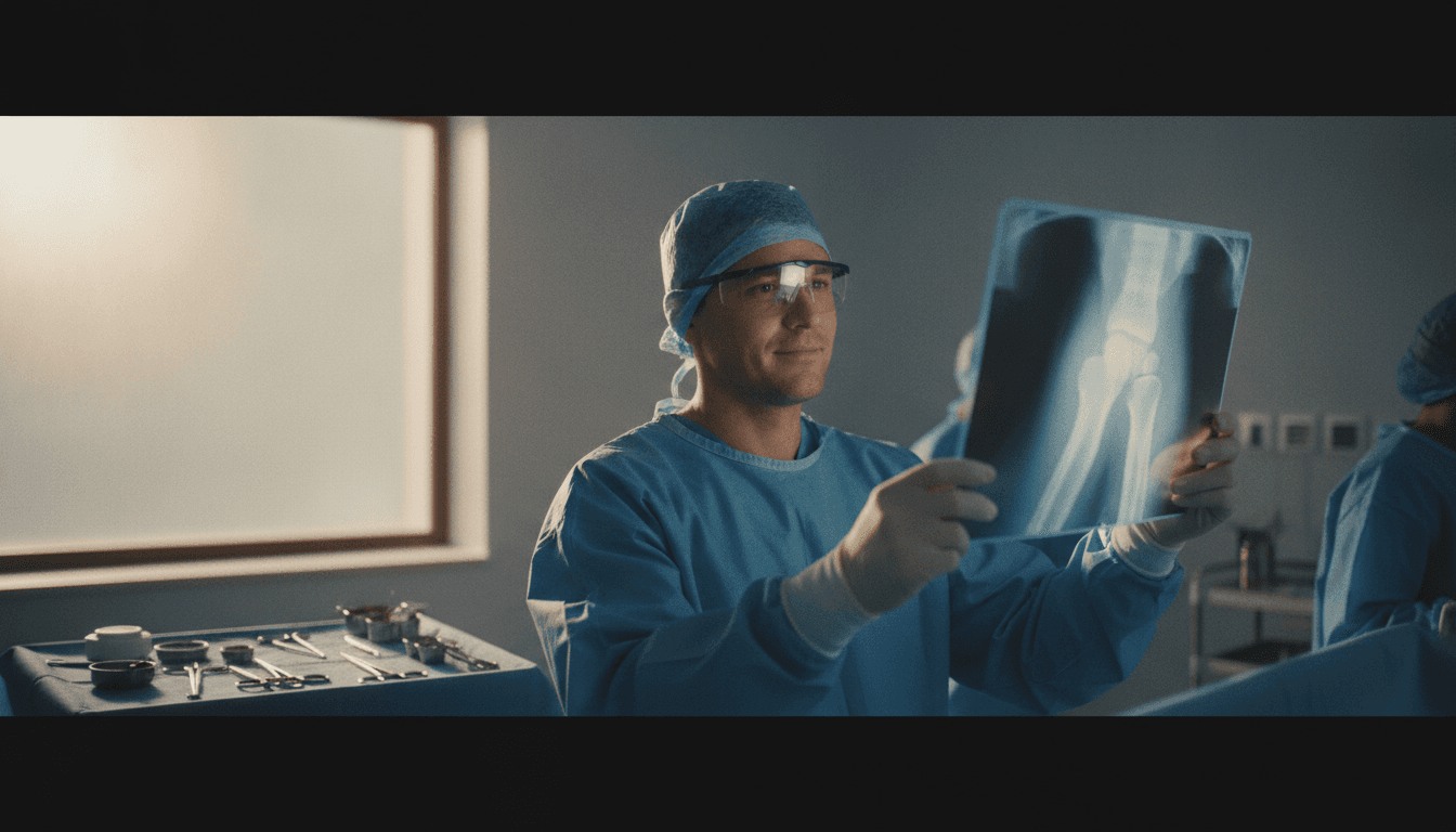 Close-up of a surgeon reviewing an X-ray of a lower extremity fracture in an operating room setting