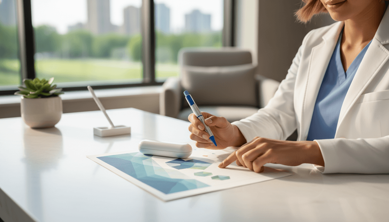 Close-up of a clinician reviewing a cardiovascular risk chart alongside a GLP-1 medication pen on a clean clinical desk