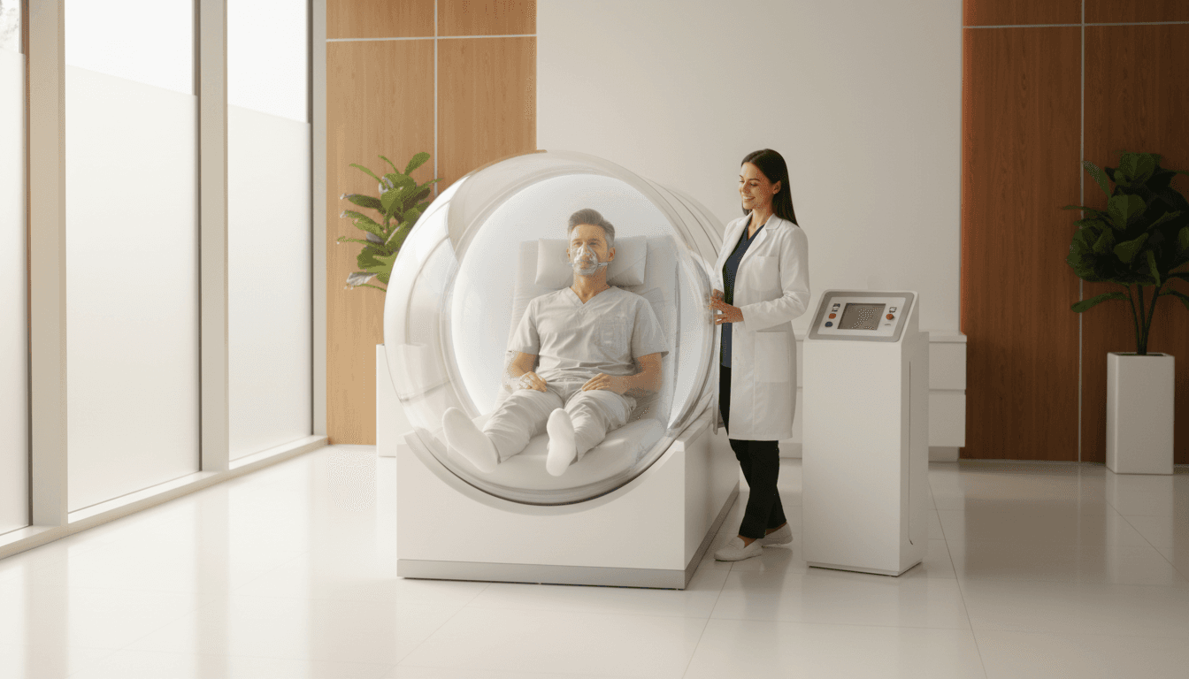 A hyperbaric oxygen therapy chamber in a clinical setting, lit with soft white light, suggesting medical precision and skin recovery