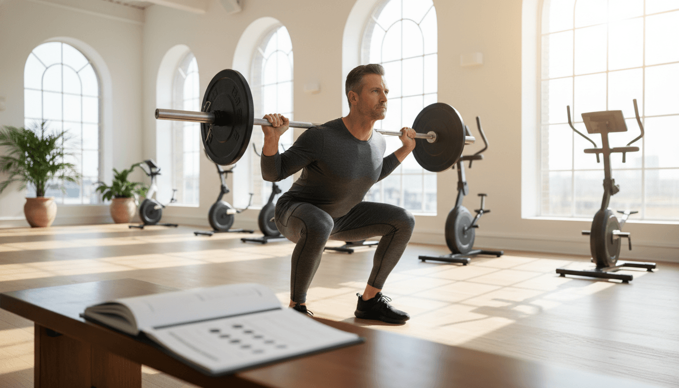 A man in his mid-forties performing a barbell squat in a well-lit gym, with a clinical lab report visible on a nearby bench
