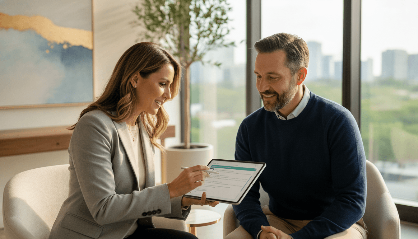 Close-up of a clinician reviewing a patient-reported outcome questionnaire at a concierge aesthetic medicine consultation