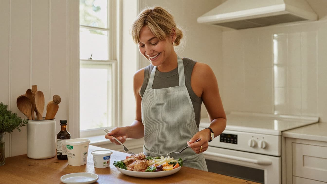 A person preparing a small balanced meal in a bright kitchen while managing appetite changes on medication